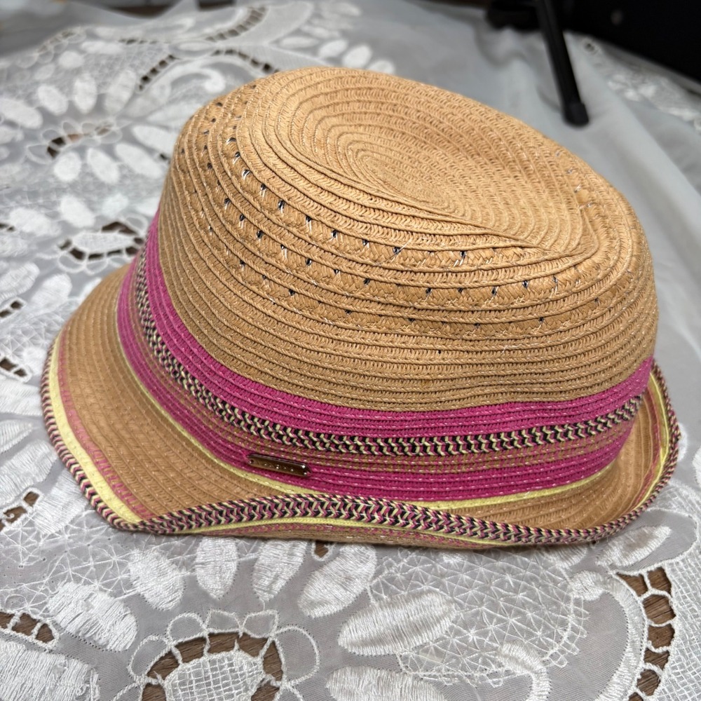 Robin Ruth Aloha Straw Fedora Hat Tan Pink Yellow Striped Sun Hat OSFM